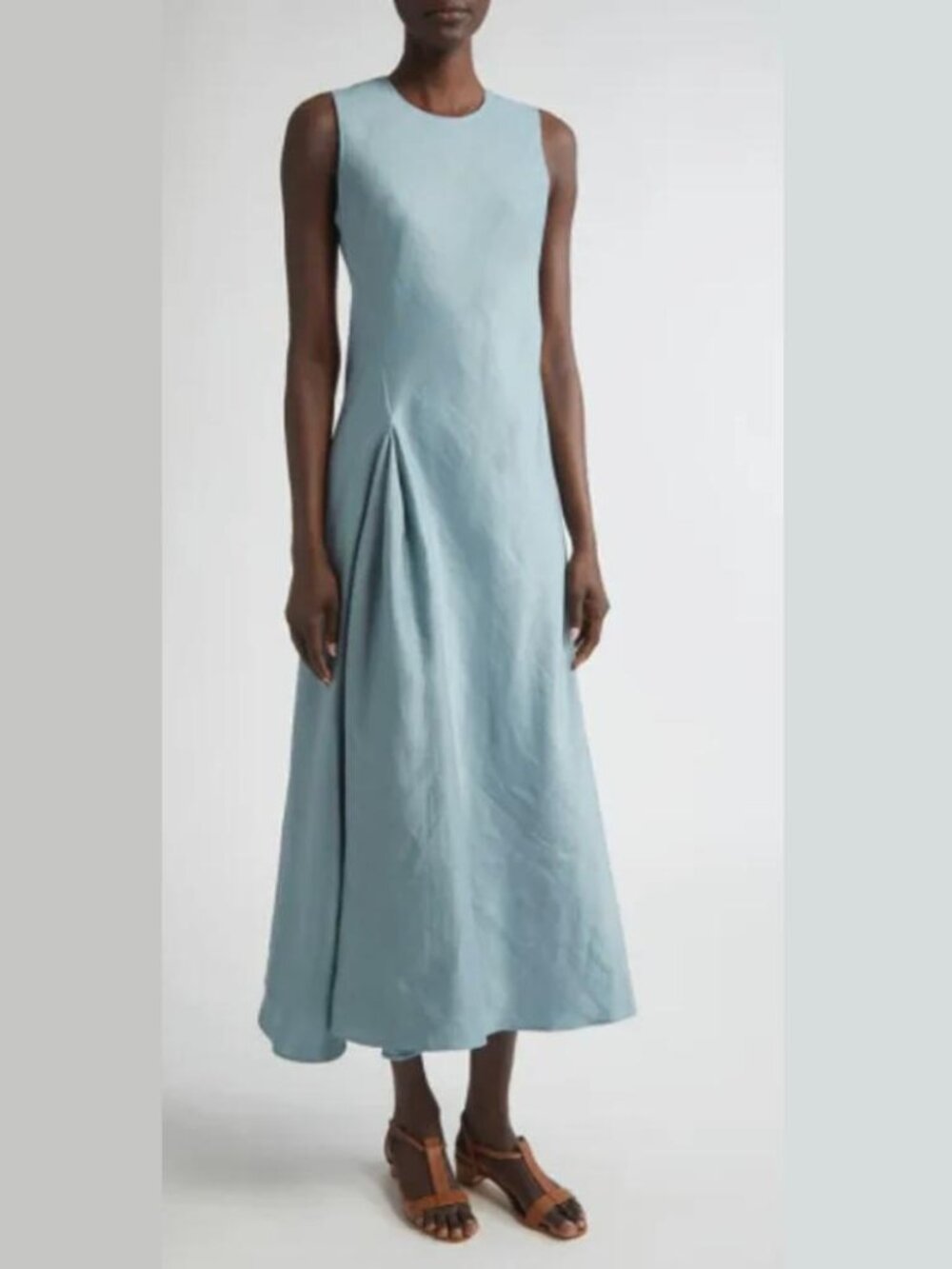 Lafayette 148 New York Pleat Front Linen Blend Dress in Paper Blue maxi classic